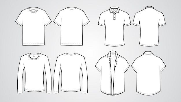 Vector tshirt mockups technical models of tshirts long sleeves polo collars and open shirts