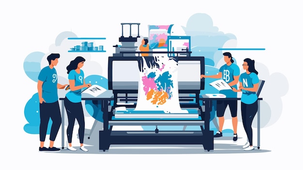 Vector tshirt printing process concept press workers at work