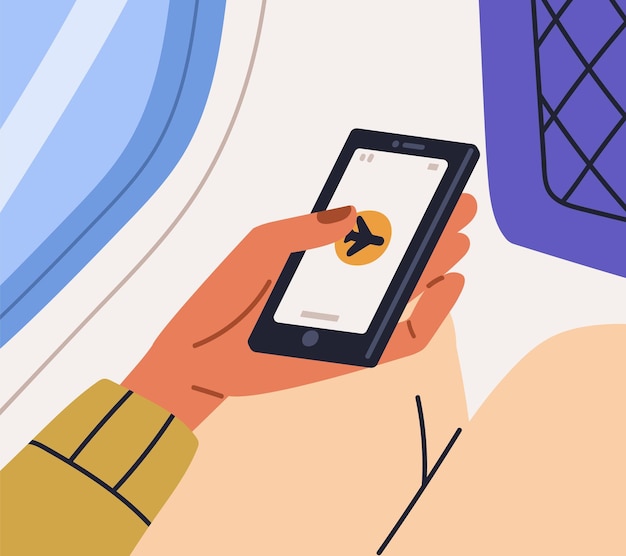 Vector turning on and off airplane flight mode of mobile phone for safety in air plane. passengers hand using smartphone onboard, in aircraft during taking off and landing. flat vector illustration.