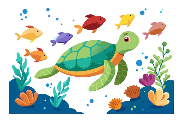 Vector turtle swimming among colorful fish