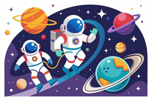 Vector two astronauts floating in space among planets and stars