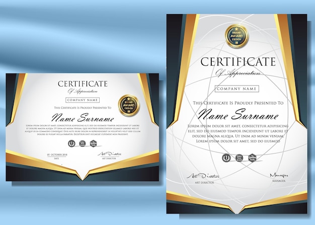 two black and gold certificates with a gold and black logo