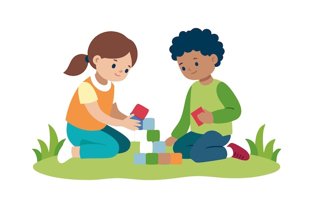 Vector two children are playing with blocks in a grassy area