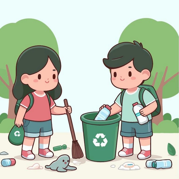 Vector two children are throwing garbage in a park and one has a trash can and the other has a trash can in