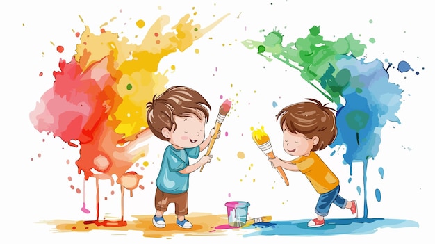 Vector two children painting wall in colors