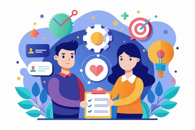 Vector two individuals engage in a partnership collaborating on a checklist for their project goals and tasks partnership customizable flat illustration