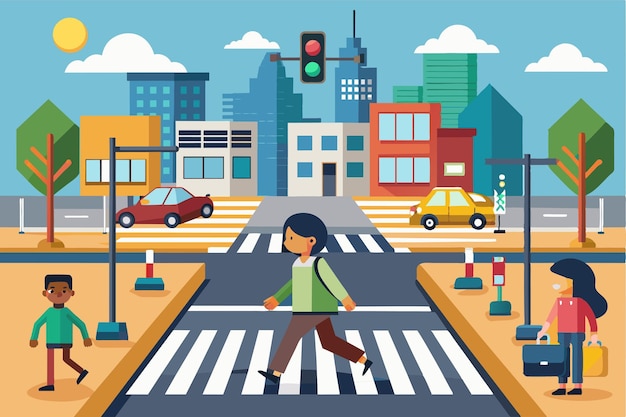 Vector two pedestrians cross the street at a customizable pedestrian crossing in a lively urban environment pedestrian crossing customizable disproportionate illustration