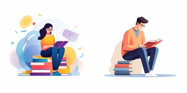 Vector two people sit on a pile of books one reading a book