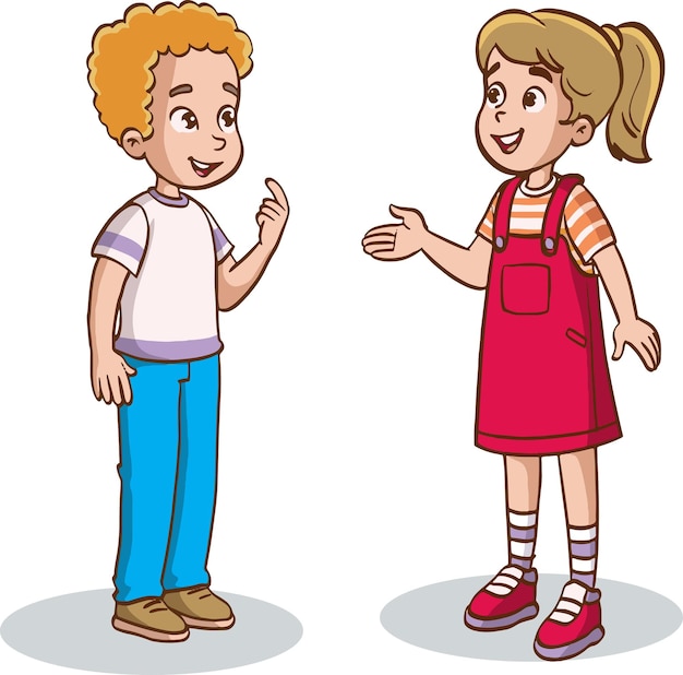 Two school children talking vector. Full-length characters. Boy and girl kids. Illustration funny cl