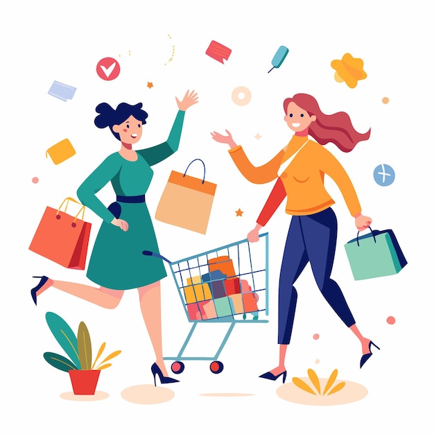 Vector two women shopping with a full shopping cart and bags