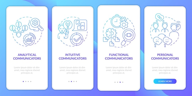 Types of communicators blue gradient onboarding mobile app screen