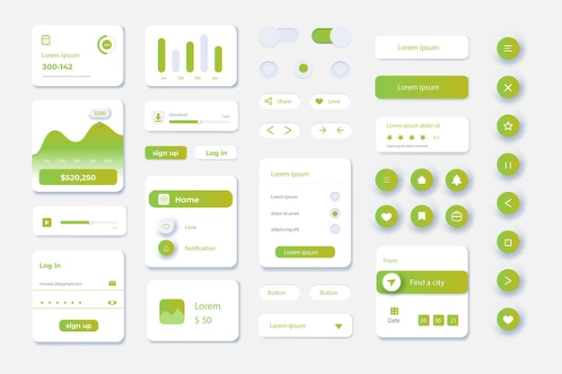 Vector ui ux kit for apps and website ui design with gradient color and realistic drop shadow