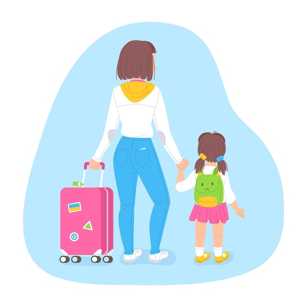 Ukrainian refugee concept Woman with a child walking with suitcase War migration people illustration in cartoon style