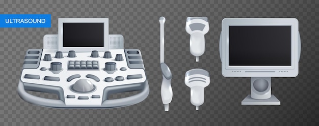 Vector ultrasonic device and its components on transparent background isolated set realistic vector illustration