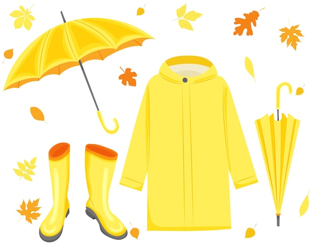 Vector umbrellas boots raincoat in flat style vector