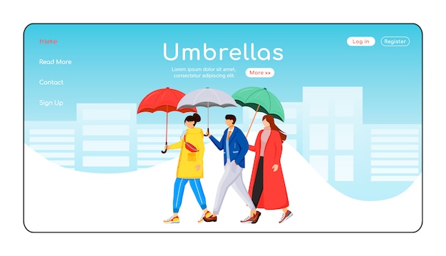 Umbrellas landing page flat color vector template. People in raincoats homepage layout. Rainy weather one page website interface with cartoon character. Walking crowd landing page