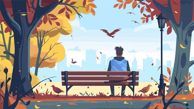 Vector unemployed man sits on bench in park