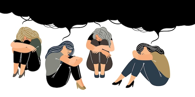 Unhappy women in despair. Cartoon sad ladies with confusion in brain in depressive poses, vector illustration of characters with problems of mental health on white background