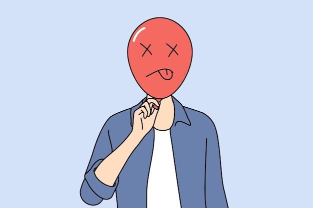 Vector upset frustrated man with inflated balloon in front of face needs help of psychologist