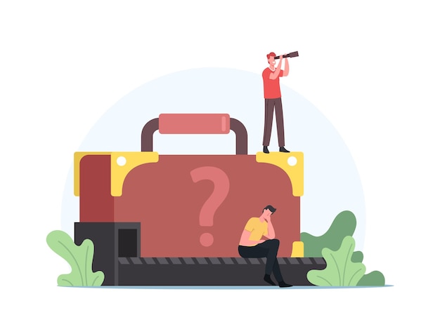 Vector upset passenger lose suitcase sit at conveyor belt with unknown baggage. man with spyglass search lost luggage concept. traveler characters claim baggage in airport. cartoon people vector illustration