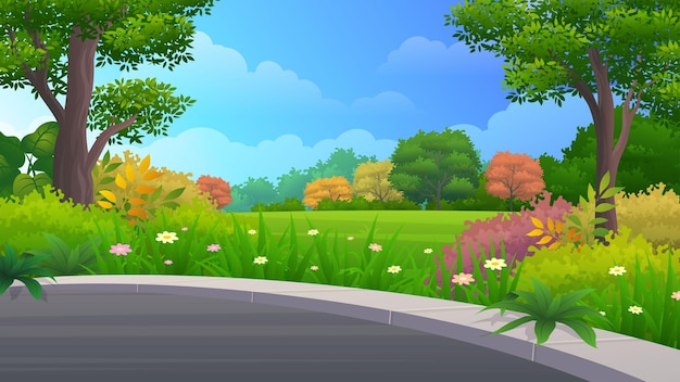 Vector urban garden terrace, with green lawn, trees, colorful bush, beautiful city park scenery landscape