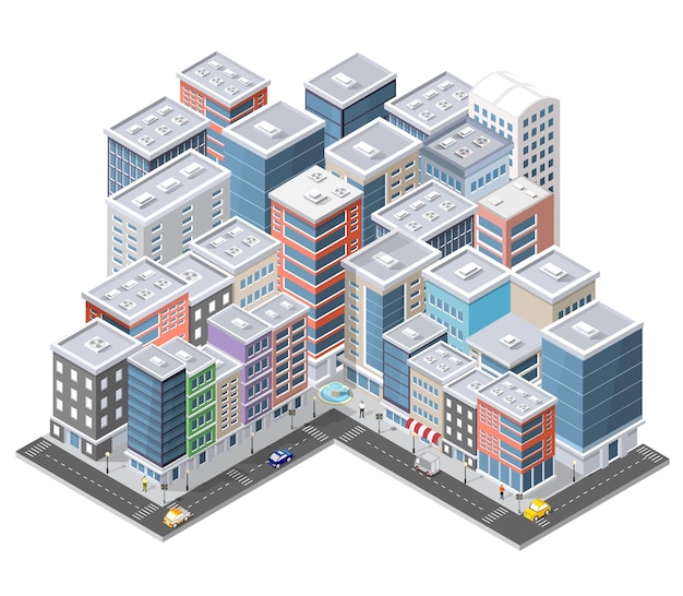 Vector urban isometric area of the city infrastructure with transport streets houses