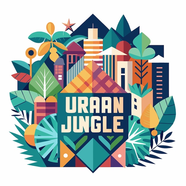 Urban Jungle Geometric Cityscape with Lush Foliage