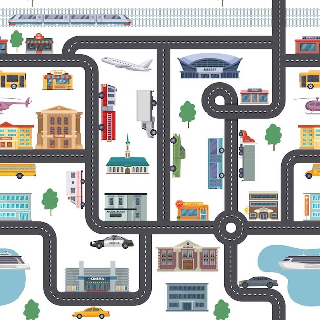 Vector urban landscape pattern with different shops, buildings, offices and transport