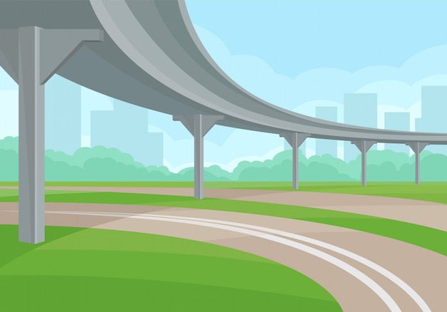 Urban landscape with overpass, road and green grass