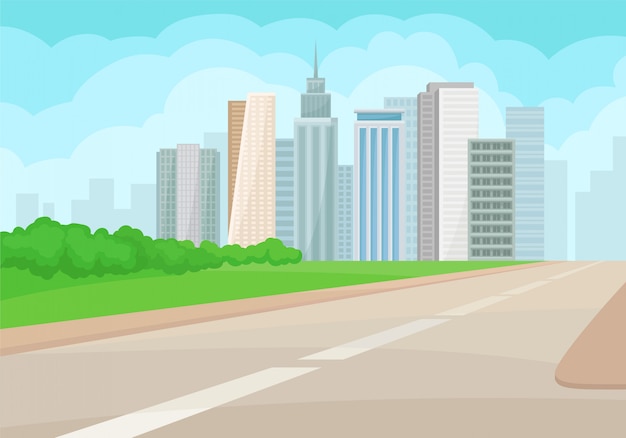 Vector urban landscape with road, high-rise buildings, green grass and bushes