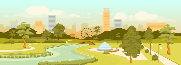 Vector urban park flat color . city recreation zone and modern buildings at day time scene. outdoor rest. square 2d cartoon landscape with skyscrapers and trees on background