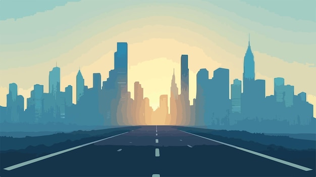 Vector urban road leading to city skyscraper view with cityscape background