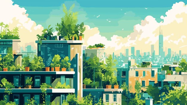 Vector urban rooftop garden with city views