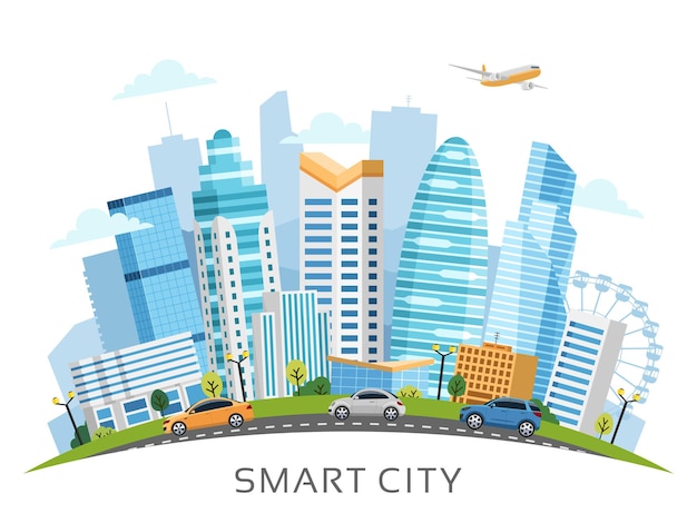 Urban smart city landscape arranged in arch with buildings, skyscrapers and transport traffic.  illustration