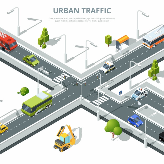 Vector urban traffic with different cars