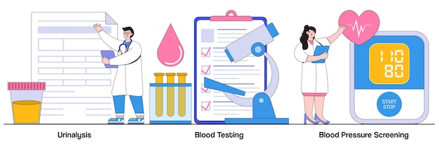 Urinalysis, blood testing, blood pressure screening concept with tiny people. Clinical laboratory analysis abstract vector illustration set. Health examination, biological markers metaphor.