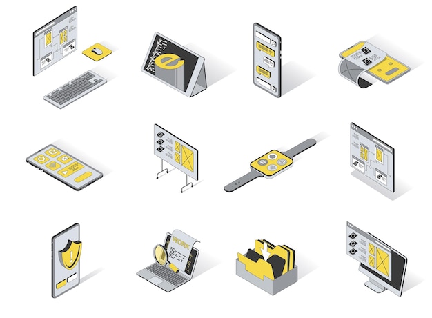 Vector user interface concept 3d isometric icons set pack element of ui layout for computer isometry design
