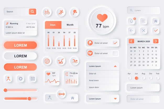 Vector user interface elements for fitness workout mobile app. fitness tracker, sport activity planner, heart rate monitor gui templates. unique neumorphic ui ux design kit. manage and navigation components.