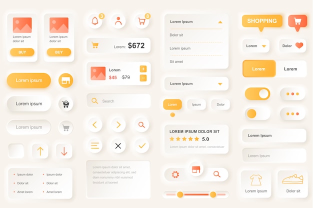 Vector user interface elements for shopping mobile app. shopping platform navigation, product rating and price gui templates. unique neumorphic ui ux design kit. manage, search and payment form and component