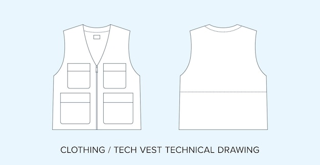 Vector utility vest with pockets technical drawing apparel blueprint for fashion designers