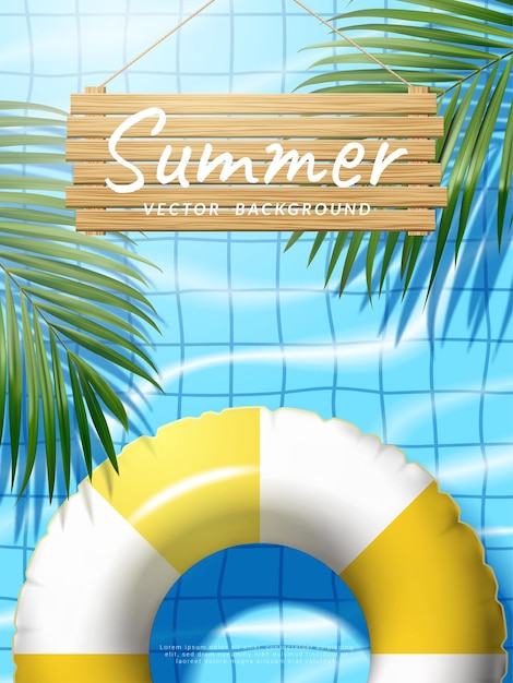 Vacation concept swimming ring with coconut leaves and wooden sign on the pool Vector illustration