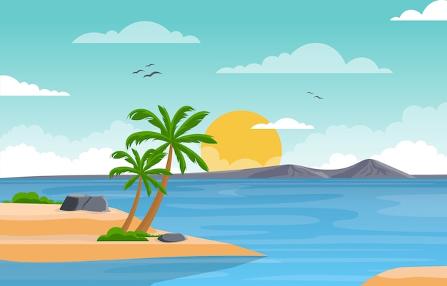 Vacation in Tropical Beach Sea Palm Tree Summer Landscape Illustration