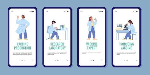 Vaccine production and laboratory onboarding pages flat vector illustration