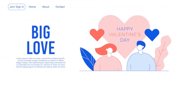 Valentine day people in love landing page design