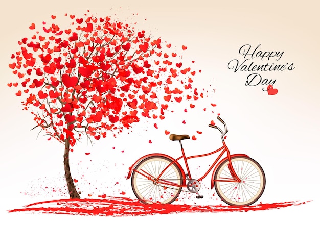 Valentine's day background with a bike and a tree made out of hearts. Vector.