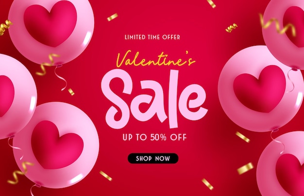 Valentine's day sale vector banner design. Happy valentine's day limited offer text with balloons