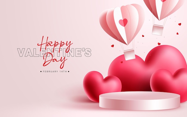 Valentine's day vector design background. Happy valentine's day text with heart elements and podium