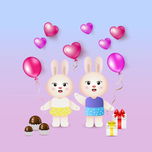 valentines day celebration card, heart shape balloons, ,gift boxes, couple in love and pretty rabbit