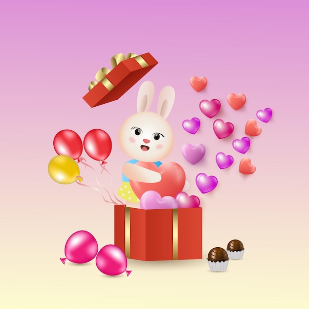 valentines day celebration card, heart shape balloons, ,gift boxes, couple in love and pretty rabbit