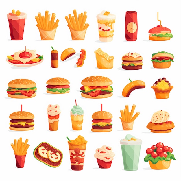 Vector a variety of different types of food including a burger french fries and a hot dog